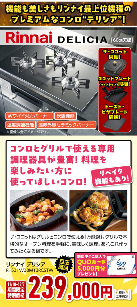 リンナイ　ビルトインコンロ　デリシア